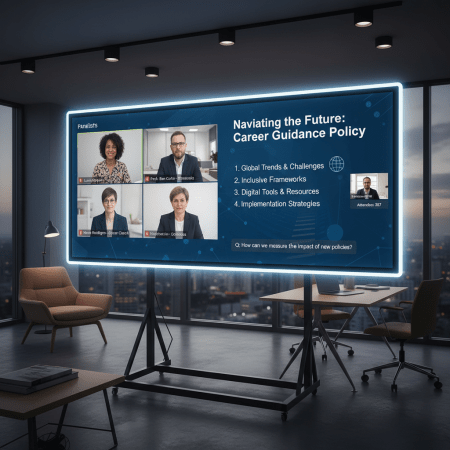 Virtual conference screen titled Navigating the Future: Career Guidance Policy with panelists and discussion points.